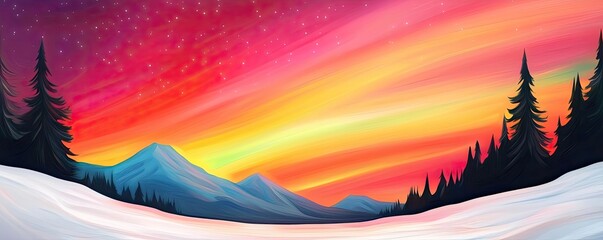 Sunset landscape abstract background idea. Vibrant sunset with colorful sky over snow-covered mountains and pine trees.