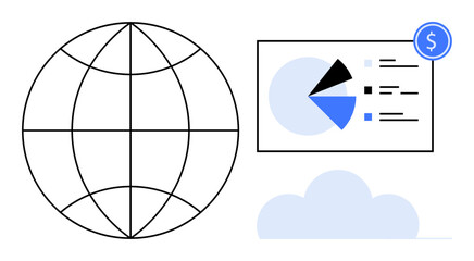 Globe beside a financial chart displaying pie and line graph elements, cloud underneath. Ideal for finance, data analytics, global business, technology, cloud computing, strategy economy. Flat