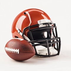 American football helmet and ball on a white background. Professional sports equipment, game day concept, team spirit, competition. High-resolution close-up, perfect for sports branding. Generative ai