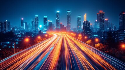 Fototapeta premium A vibrant city skyline with glowing lights and dynamic light trails in the evening. Generative AI