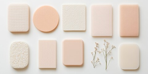 Fototapeta premium Pastel cosmetic sponges and delicate flowers on light background
