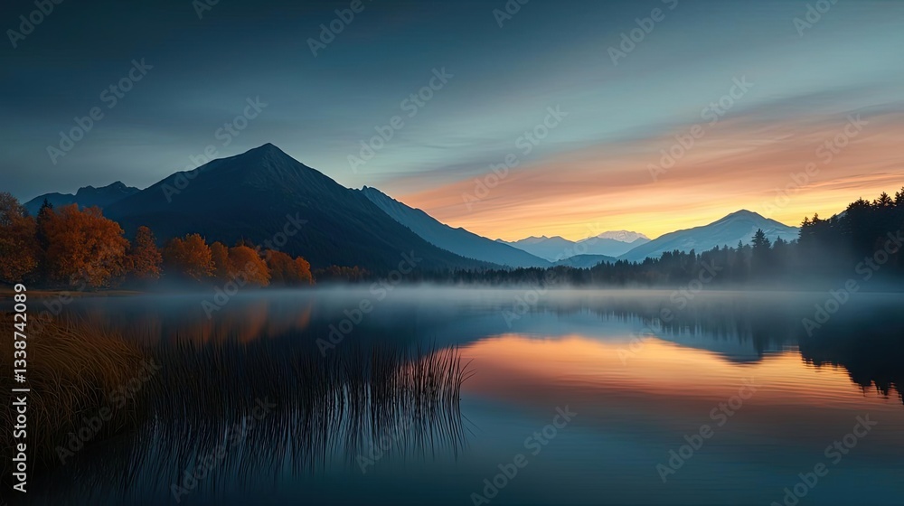 Poster sunset landscape abstract background idea. serene lake reflection at dusk with majestic mountains an