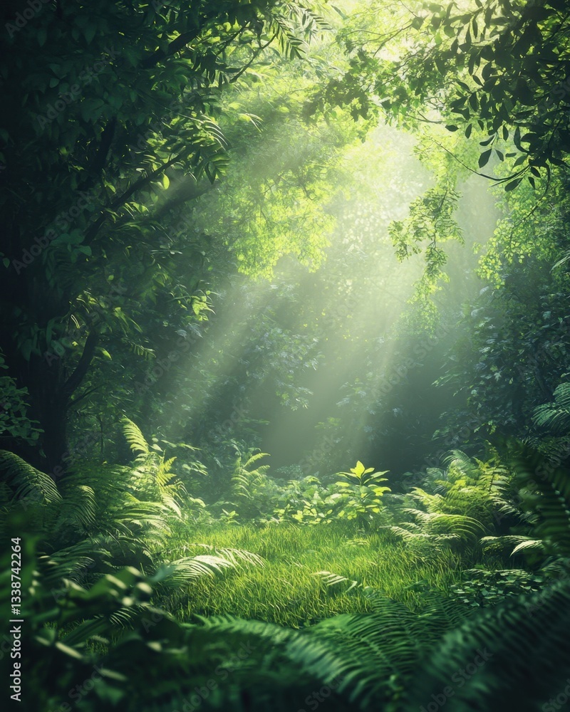 Poster lush green forest with sunbeams filtering through the canopy creating a peaceful and serene atmosphe