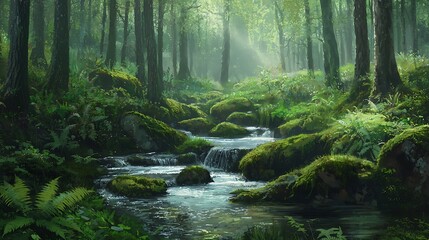 Fototapeta premium A tranquil forest stream surrounded by moss-covered rocks and ferns