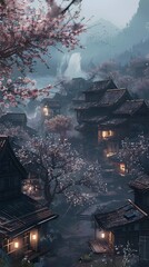 Obraz premium Architectural Buildings Cherry Blossoms, Landscape Mountain Village