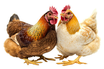 Fototapeta premium Two colorful chickens standing together in a bright setting