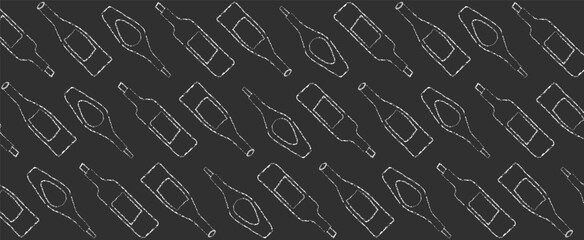 Crayon wine bottle drawing. Vintage dinner or party mediterranean aesthetic pattern with chalk line. Minimal scribble charcoal art for cute natural biodynamic local vineyard painting banner.