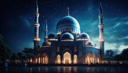 Elegant Ramadan Kareem background with glowing crescent moon and twinkling stars. Serene night sky with illuminated crescent and celestial glow for Ramadan celebration