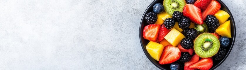 Obraz premium A vibrant bowl of fresh fruit featuring strawberries, blackberries, blueberries, kiwi, and mango, set against a textured gray background.