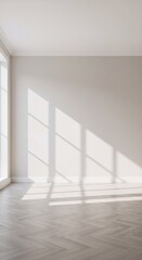 Obraz premium Minimalist empty room interior with sunlight through window. White walls, herringbone wooden floor. Modern architecture, scandinavian style home design with copy space.