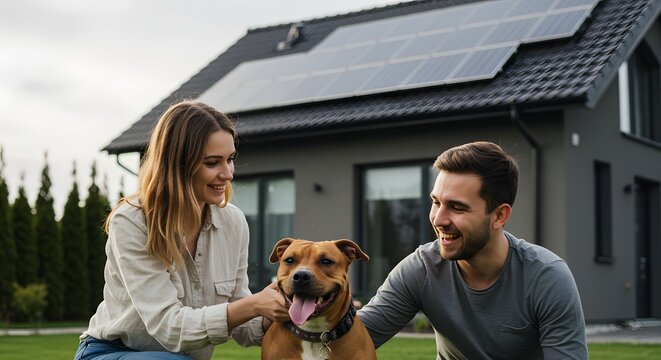 Modern Family Home: A happy couple and their dog enjoy the outdoors in front of their contemporary house, a symbol of sustainable living. The house features solar panels on its roof.