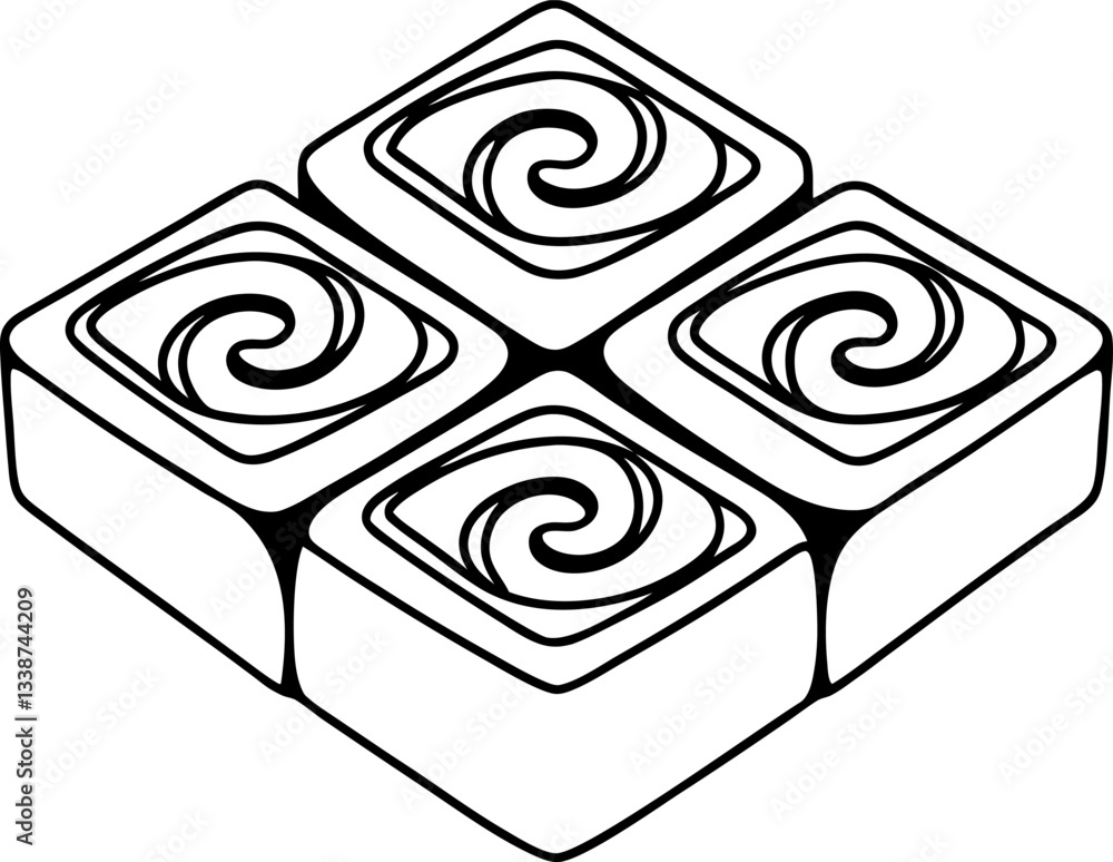 Poster minimalist swirl pattern design, four square swirl blocks, black outline styling.