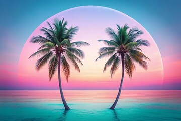 Fototapeta premium Tropical Paradise: Two Palm Trees on Pink and Blue Sunset Ocean Background