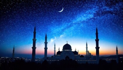 Elegant Ramadan Kareem background with glowing crescent moon and twinkling stars. Serene night sky with illuminated crescent and celestial glow for Ramadan celebration