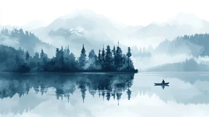 Serene Lake with Misty Mountains, Boat, and Nature.