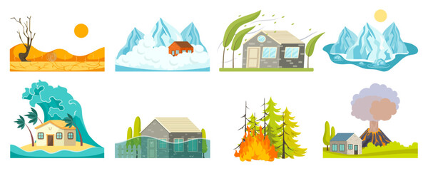 Natural disasters - vector collection. Flood, wildfire, tsunami and other. Global warming and climate change concept.