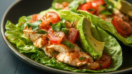 A paleo diet fish taco served on lettuce with tomato and avocado slices.