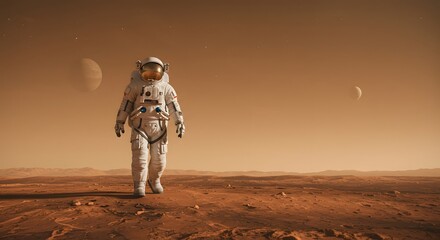 Naklejka premium Astronaut on Mars: An astronaut strides confidently across the desolate, red terrain of Mars, the planet's twin moons hanging in the alien sky.