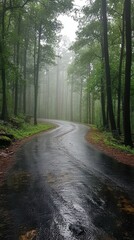 Obraz premium Serene winding road through misty forest landscape capturing the atmospheric depth and lush greenery with a captivating sense of mystery and natural beauty