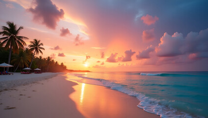 Title: A Serene and Vibrant Sunset on the Tranquil Beach

