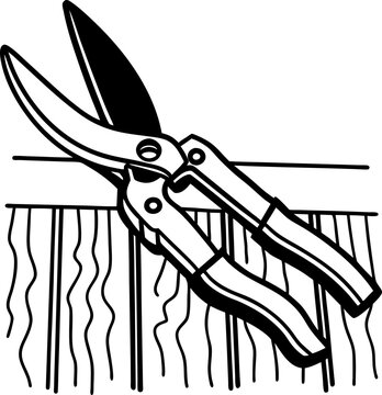 recommend clip art: sharp pruning shears cutting plant stems gardening tool, precision trimming, black and white illustration.