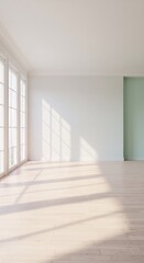 Obraz premium Minimalist bright interior with large windows casting shadows on white walls and wooden floor. Empty room with natural light. Modern architectural design concept