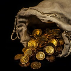 Shiny Golden Coins money wealth in a Bag Financial Savings rich lifestyle