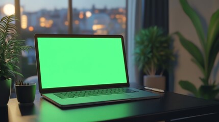 Laptop with Green Screen Mockup on Desk with City View
