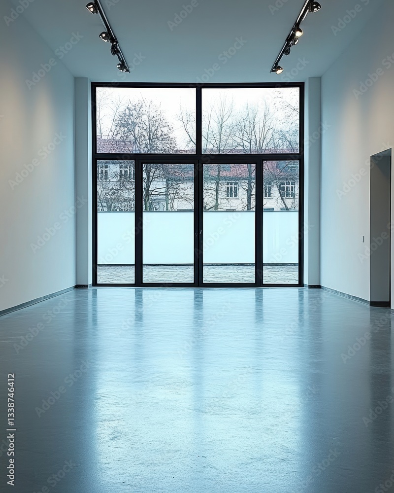 Poster spacious modern room with large window overlooking bare trees and buildings creating a serene and mi