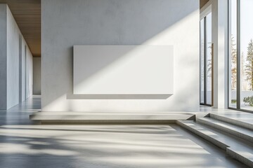 Obraz premium Bright Interior Space with Concrete Floor and Large Windows Presenting a Blank White Canvas Wall Art