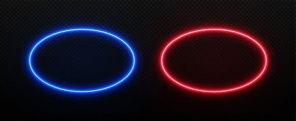 Neon light oval frame. Ellipse border with led glow. Vector fluorescent laser effect in blue and red color.