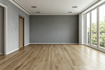 3D rendering of a vintage-inspired living room with wood flooring and gray walls, offering a minimalist design.