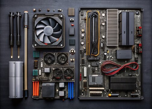 Top View Computer Parts: Motherboard, CPU, GPU, RAM, SSD, HDD, PSU, Cooling Fan on Black Steel
