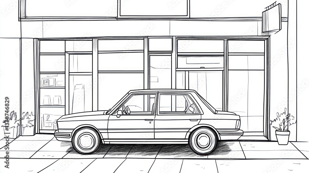 Aufkleber simple sketch of a car parked in front of a store. possible use for educational materials, design in