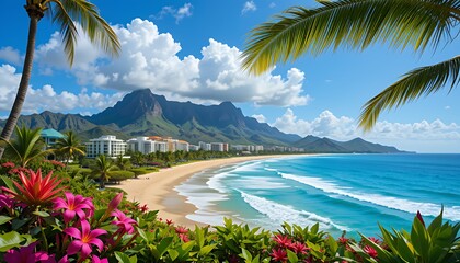 Tropical Beach Paradise with Lush Vegetation and Mountains