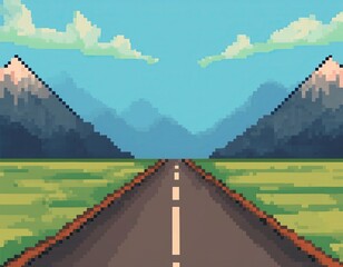 A pixel art road stretches towards majestic mountains under a clear sky