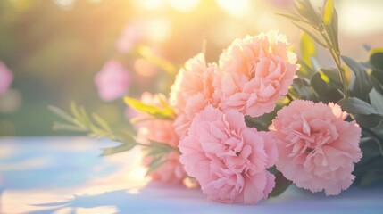 A delicate pink carnation bouquet for Mother's Day, symbolizing love and gratitude in a serene setting.