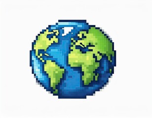 A pixelated globe showcases the continents in shades of green and blue