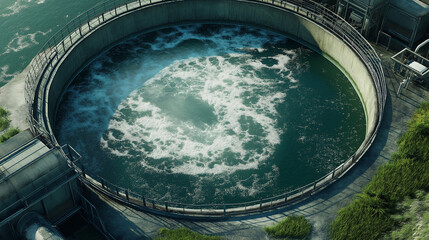 High-angle, full shot of a wastewater treatment plant's circular settling basin, showing turbulent water flow with white foam