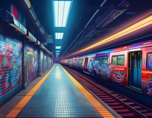 A vibrantly painted subway train sits idling in a brightly lit graffiti covered station