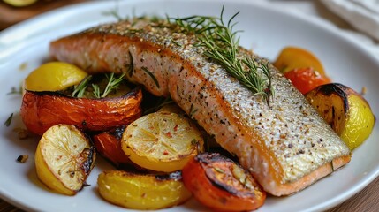 A paleo diet fish dish featuring trout, garlic butter, and roasted vegetables.