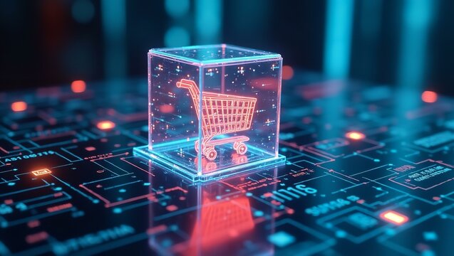 Futuristic E-Commerce Technology – Online Shopping, Digital Transactions, Secure Payments, AI Retail, Blockchain Marketplace – High-Resolution 300 PPI Image