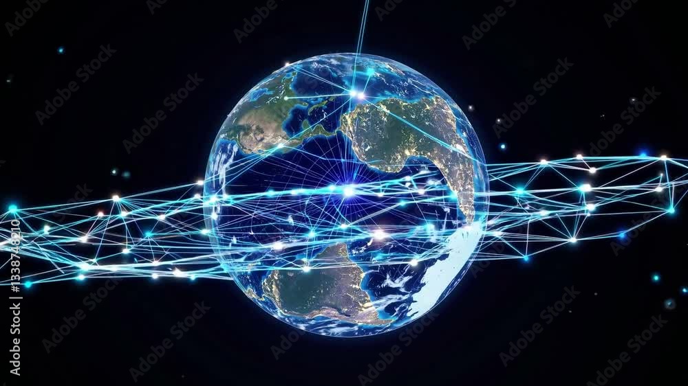 Poster a digital concept of earth surrounded by a network of bright lines representing global connectivity 