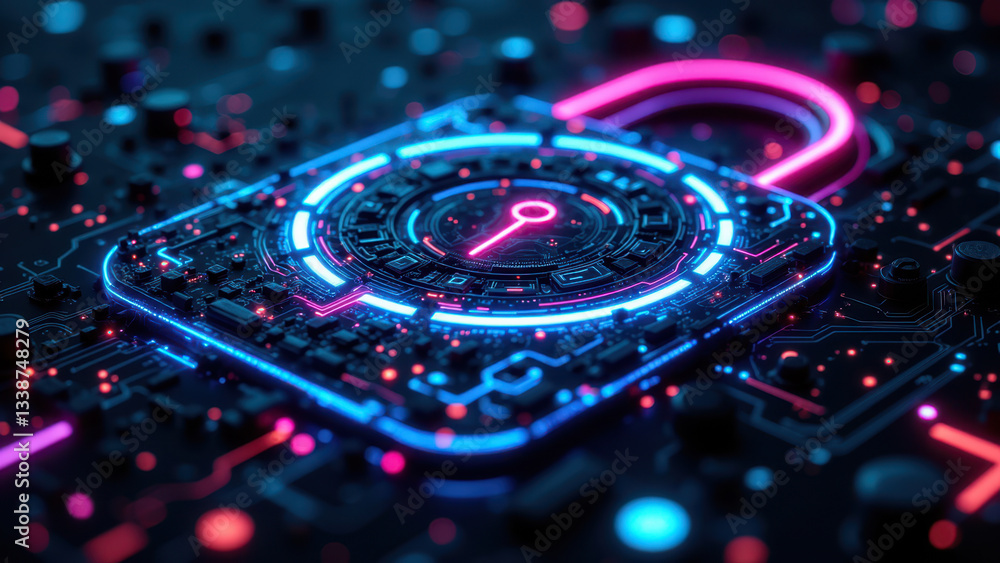 Poster illustration of a data center with a focus on security, featuring glowing lines that represent cyber