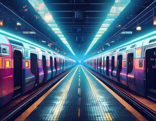 Obraz premium Neon lit trains stand poised at opposite ends of a futuristic subway platform