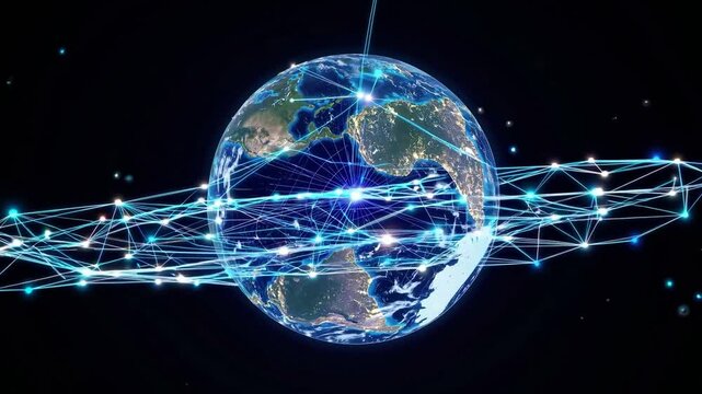 A Digital Concept of Earth Surrounded by a Network of Bright Lines Representing Global Connectivity and Data Flow Across Continents