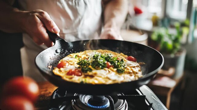 Professional chef garnishing golden omelet with fresh parsley, showcasing precise culinary skills in sleek restaurant kitchen workspace