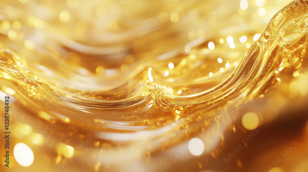 Poster golden liquid waves shimmer with light and texture, creating mesmerizing effect