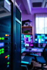Blurred background with homelab for IT specialist or computer geek. Rack with servers and powerful desktop computers in home office
