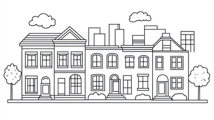 Fototapeta premium Simple Line Drawing of City Row Houses